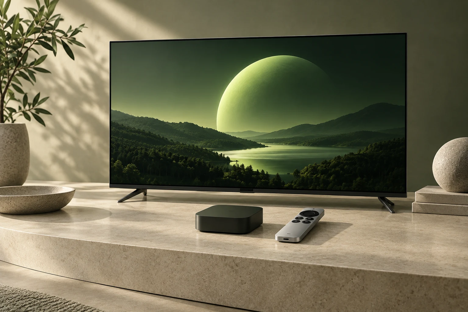 Телевизор, приставка Apple TV и серебристый пульт